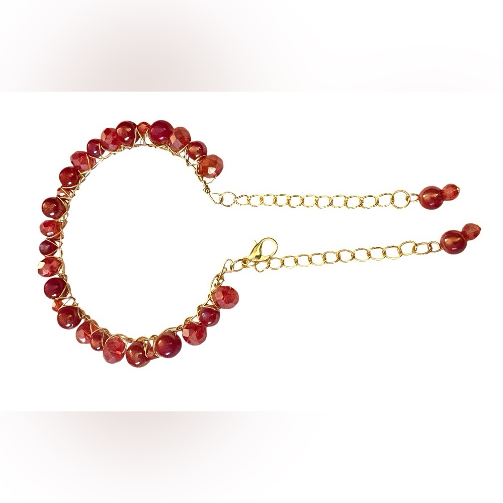 Austrian Crystal Beaded Handwired Bangle Bracelet with Extender Chains in Reds - Picture 4 of 4